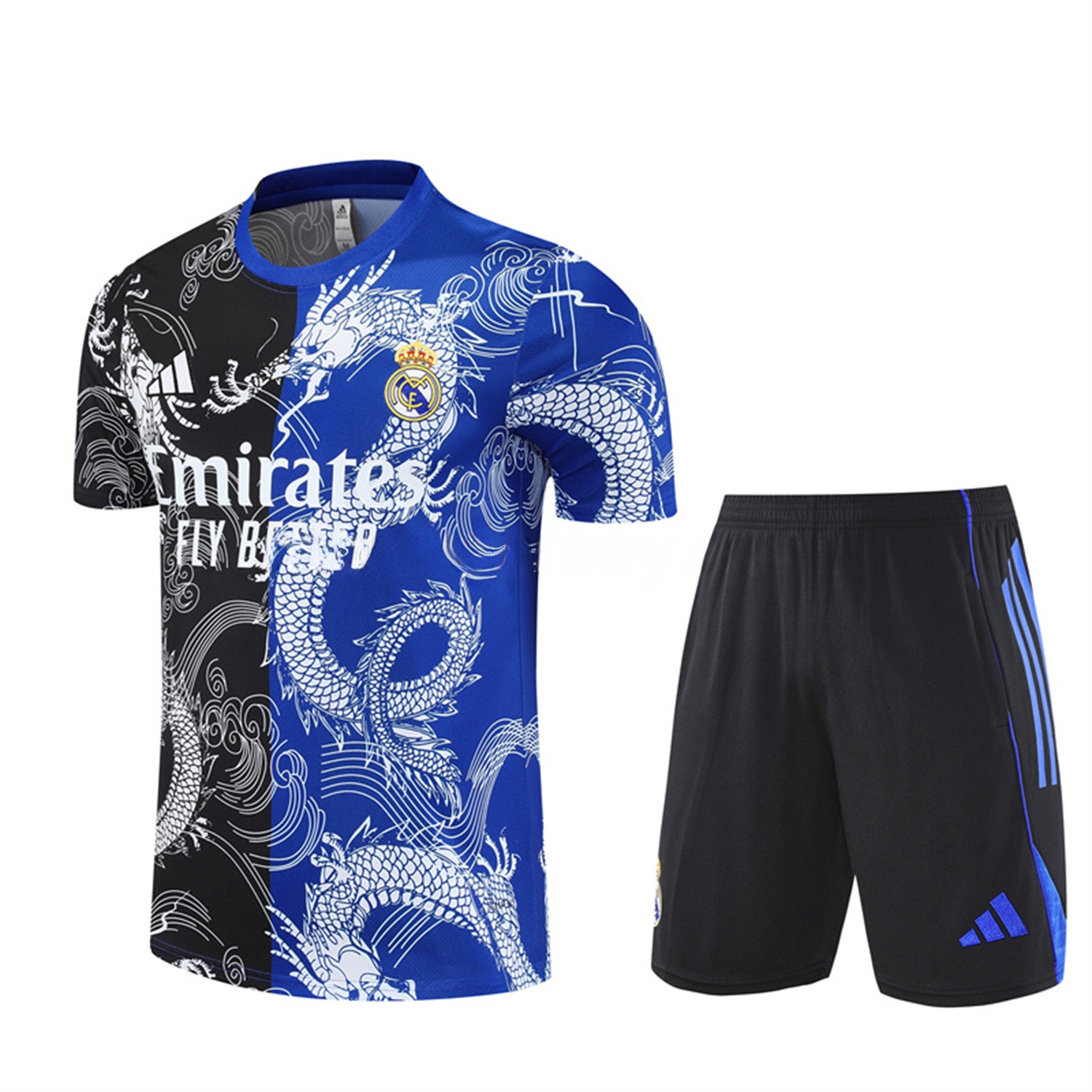 Real Madrid 25-26 Short-Sleeve Training Set - Blue Black Dragon Top & Black Shorts - ManixJersey