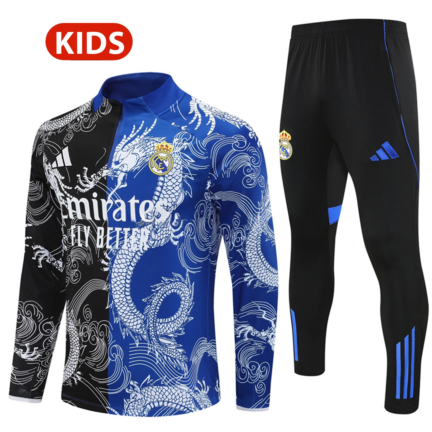 Real Madrid 25-26 Kids Long Sleeve Training Set - White Loong Black Blue Top and Black Pants - ManixJersey