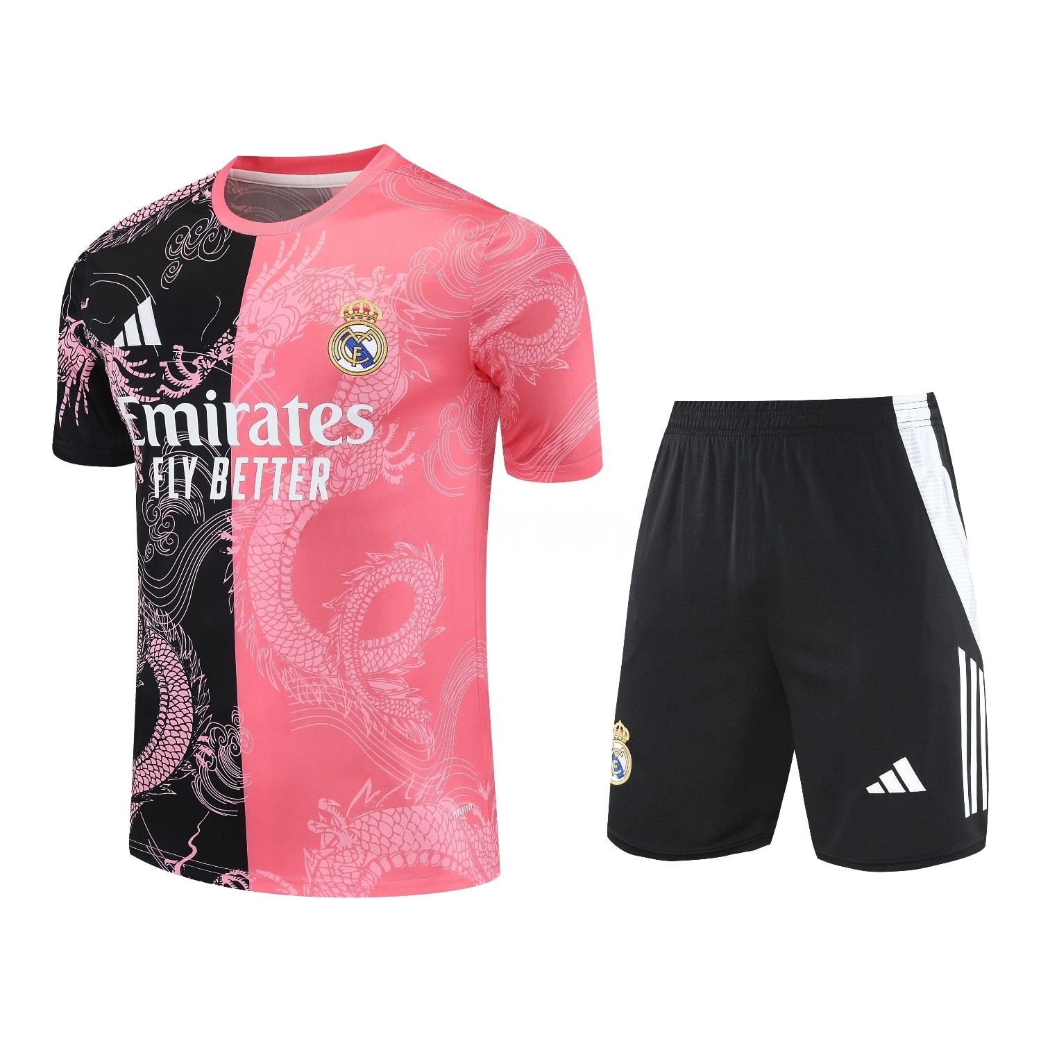 Real Madrid 25-26 Short-Sleeve Training Set - Pink-Black Dragon Top & Black-White Shorts - ManixJersey