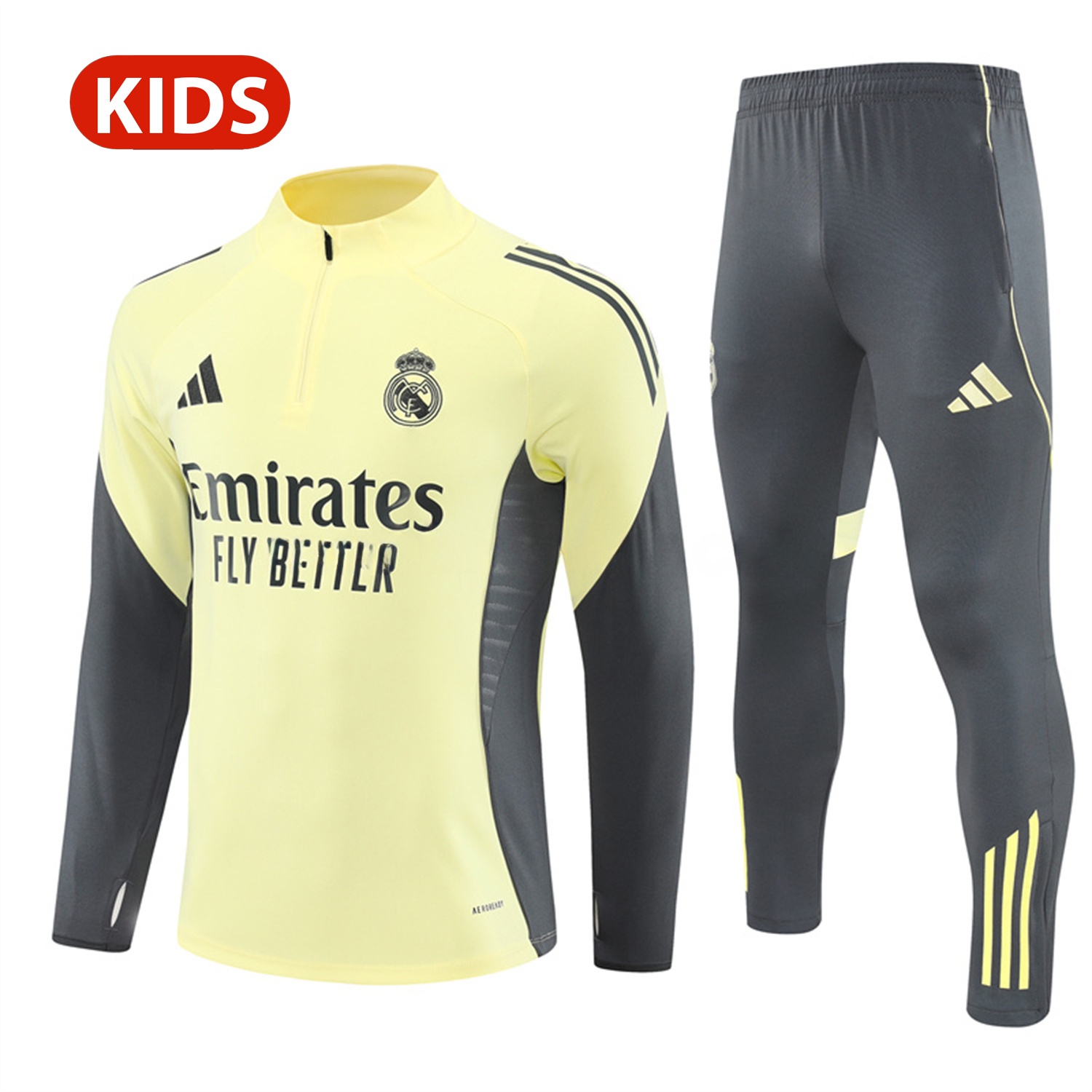 Real Madrid 25-26 Kid Long Sleeves Training Set - Yellow Top & Gray Pants - ManixJersey