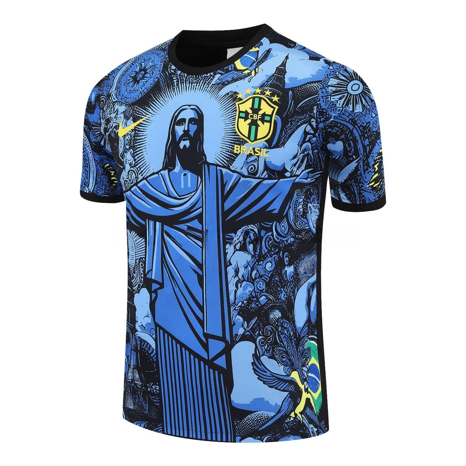 Brazil 25-26 Blue Jesus Statue Short-Sleeve Training Set - Blue Top & Black Shorts - ManixJersey