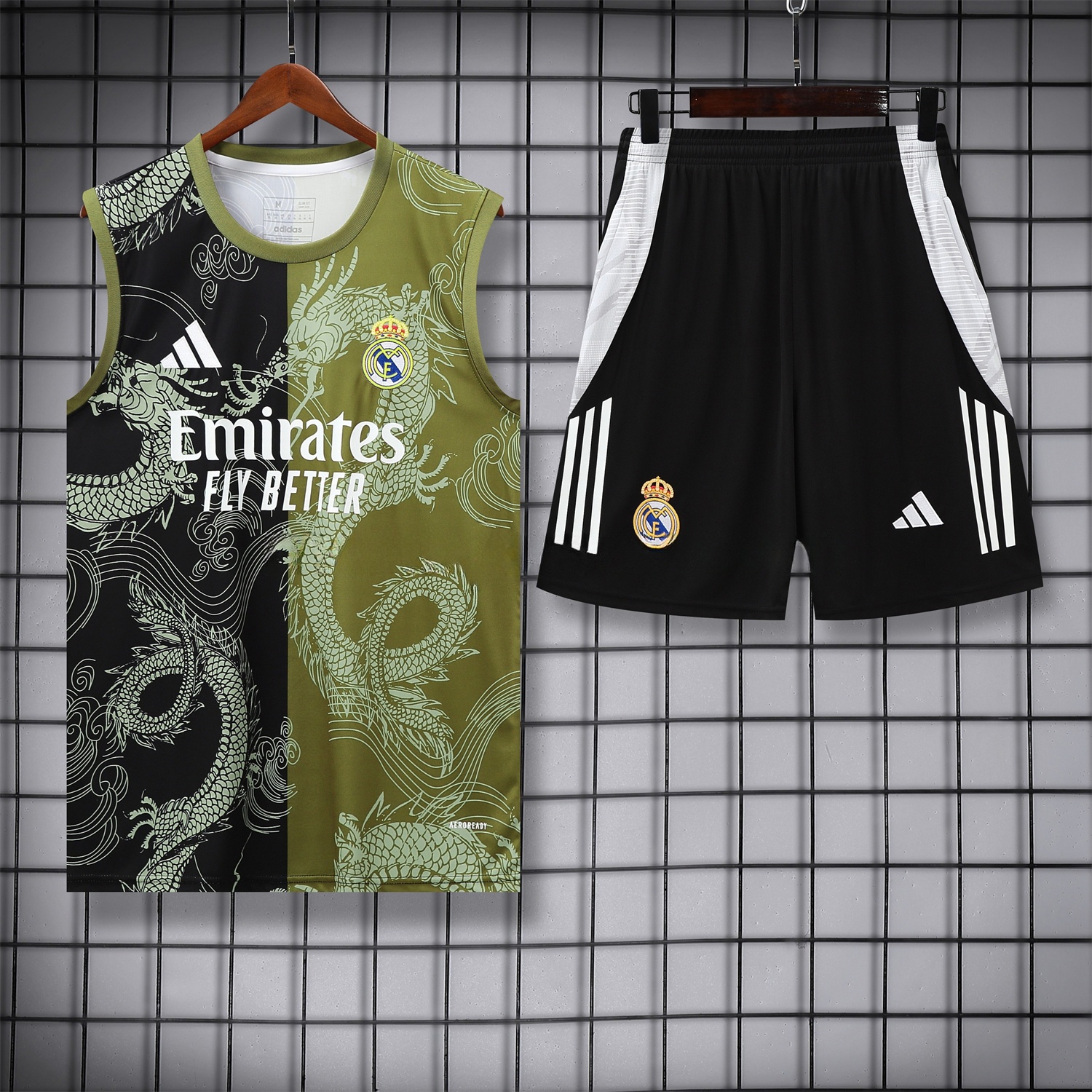 Real Madrid 25-26 Vest Training Set - Green-Black Dragon Vest & Black-White Shorts - ManixJersey