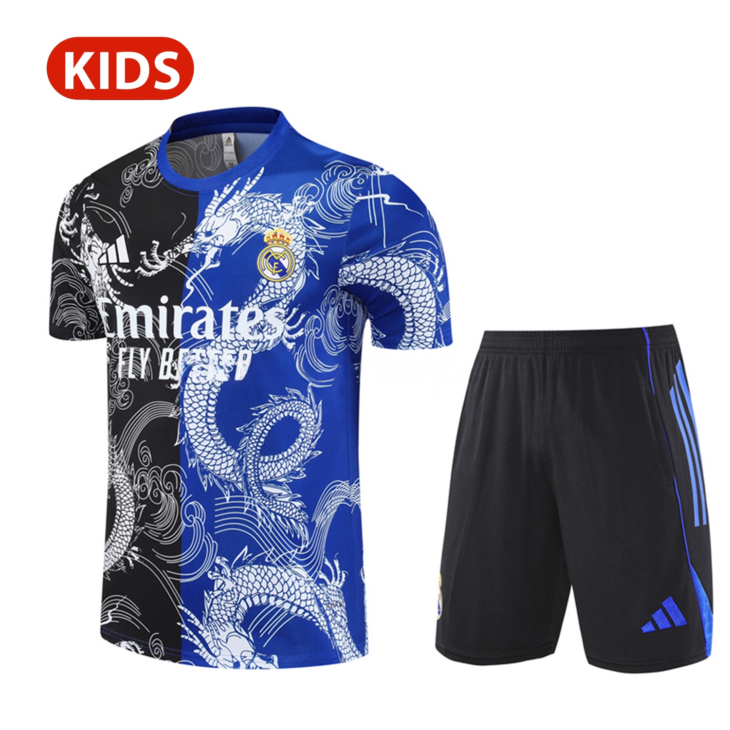 Real Madrid 25-26 Kid Short-Sleeve Training Set - Blue Black Dragon Top & Black Shorts - ManixJersey