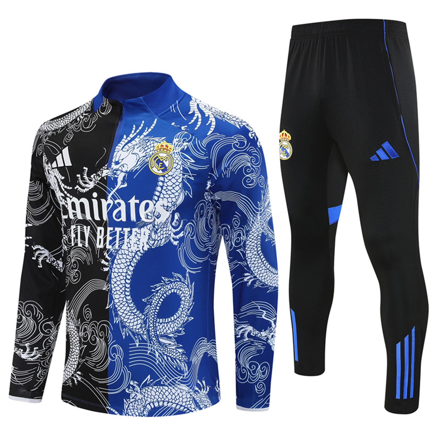 Real Madrid 25-26 Long Sleeve Training Set - White Loong Black Blue Top and Black Pants - ManixJersey