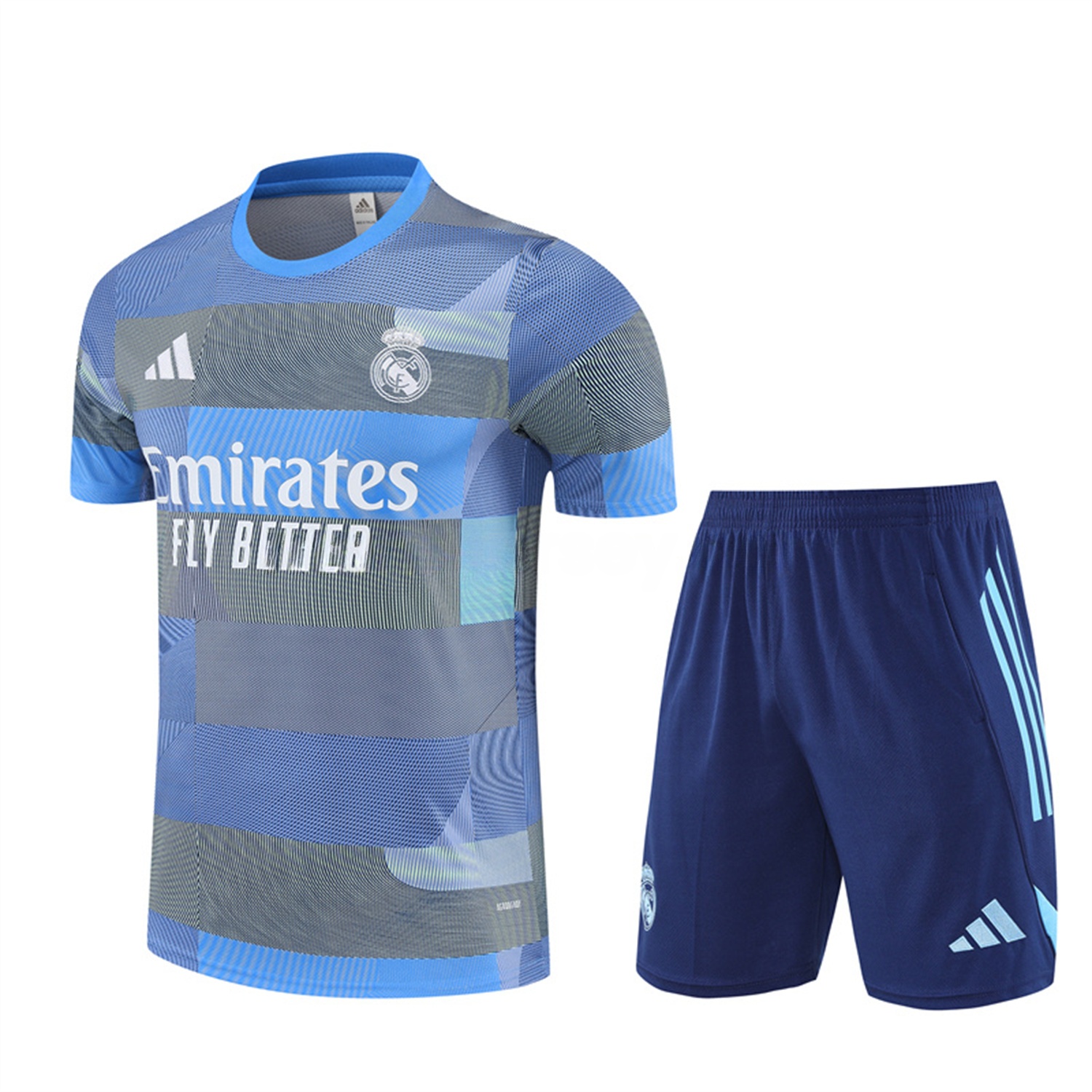 Real Madrid 25-26 Pre-Match Short-Sleeve Training Set - Blue-Gray Camouflage Top and Blue Shorts - ManixJersey