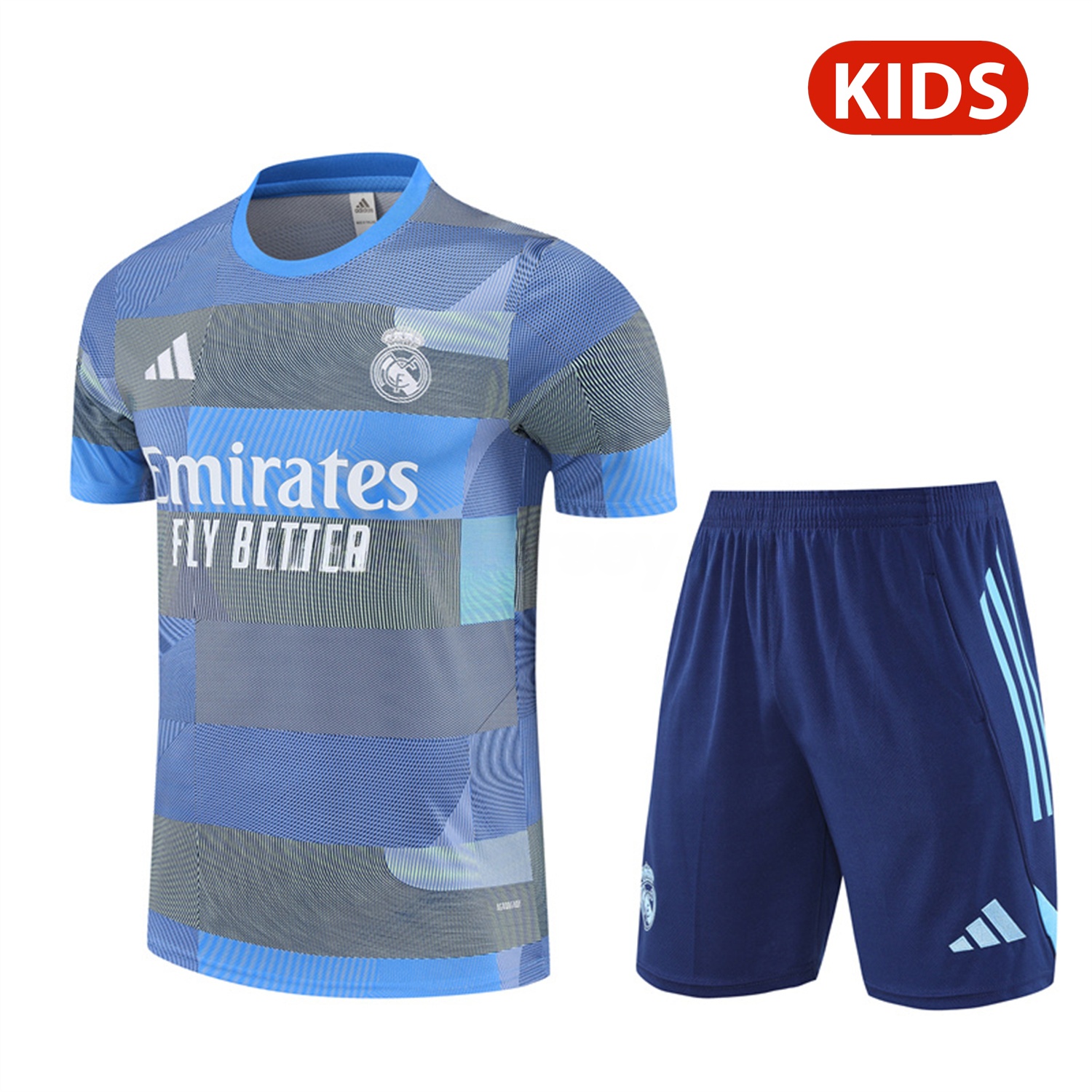 Real Madrid 25-26 Pre-Match Kids Short-Sleeve Training Set - Blue-Gray Camouflage Top and Blue Shorts - ManixJersey