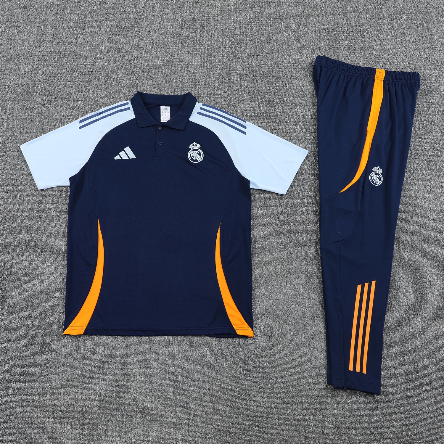 Real Madrid 25-26 POLO Short-Sleeve Training Set - Deep Blue Top and Pants with Yellow Stripes - ManixJersey