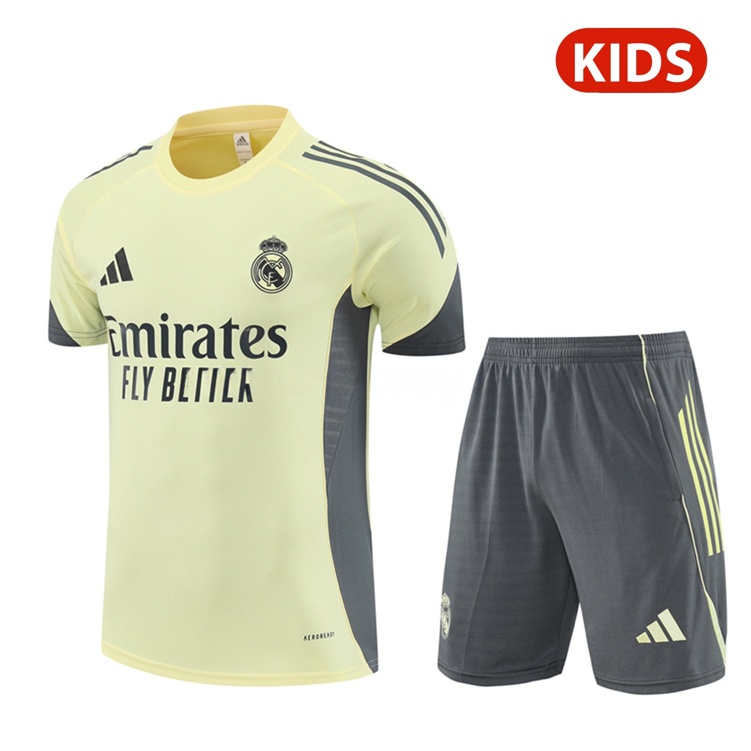 Real Madrid 25-26 Kids Short-Sleeve Training Set - Yellow Top and Grey Shorts - ManixJersey