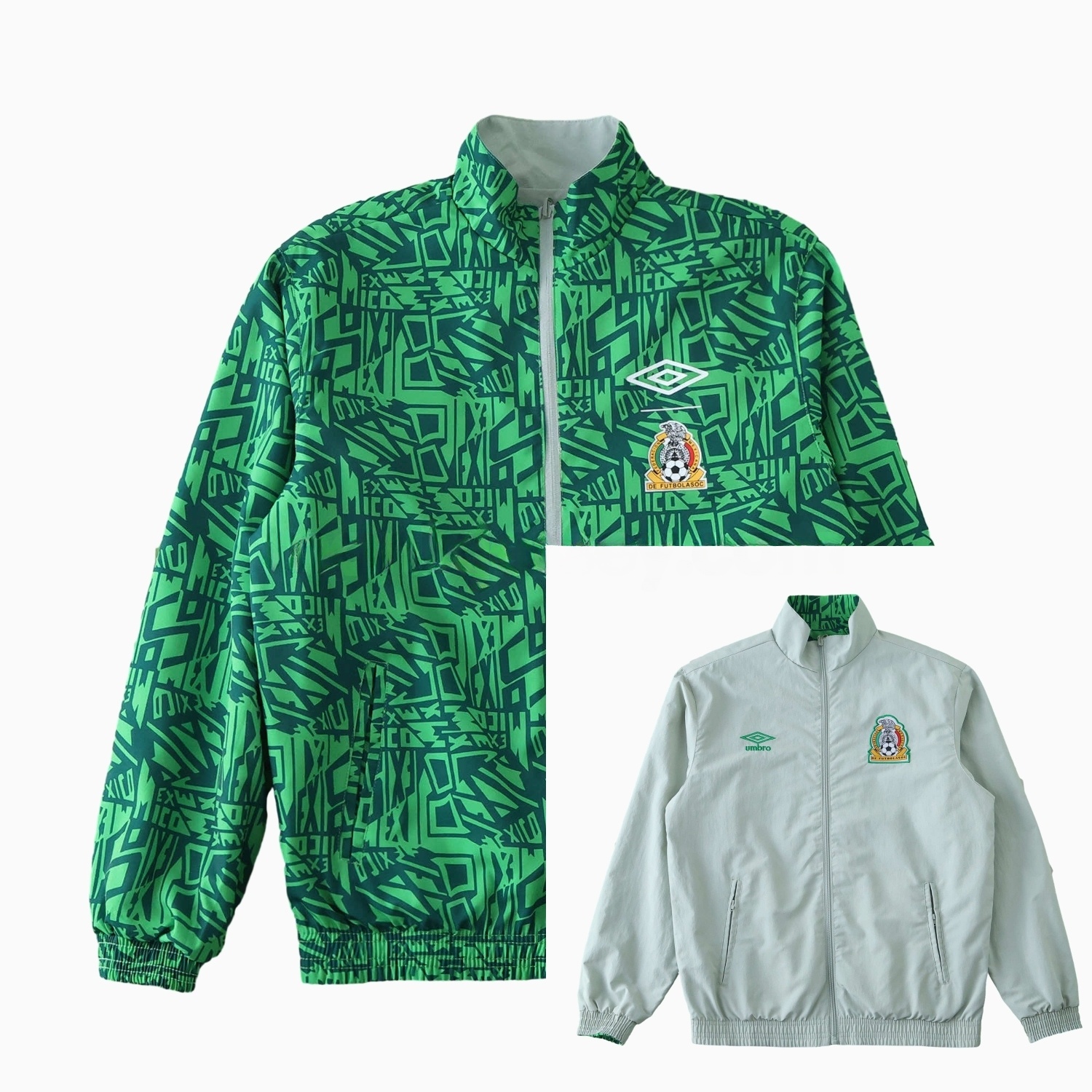 Retro Mexico 1994 Retro Style Double Sided Reversible Windbreaker - Green & Grey - ManixJersey
