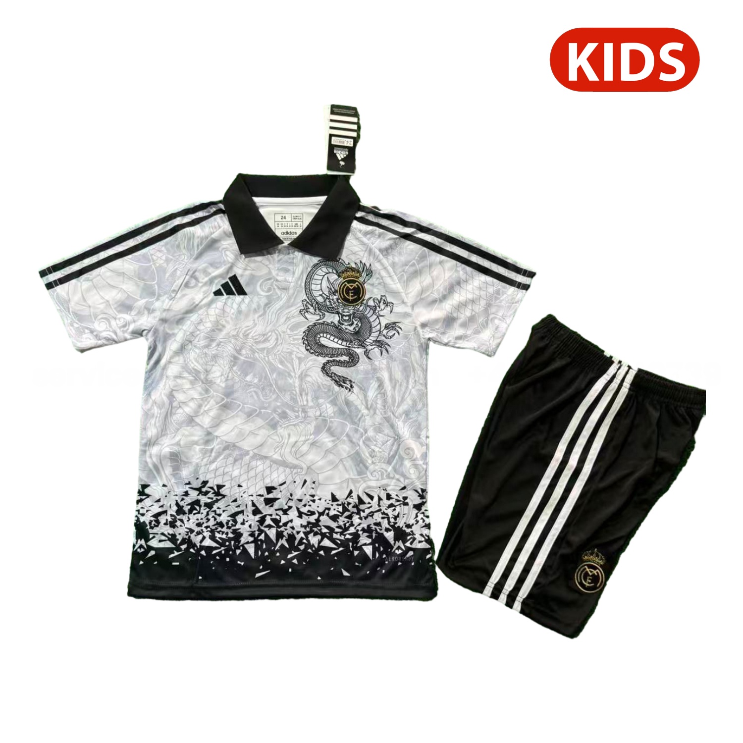 Real Madrid 25-26 Black Dragon Pattern White Special Polo Kids Kit - ManixJersey