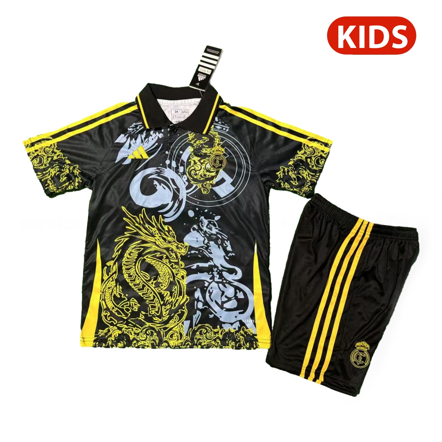 Real Madrid 25-26 Yellow Dragon And Cloud Black Special Polo Kids Kit - ManixJersey