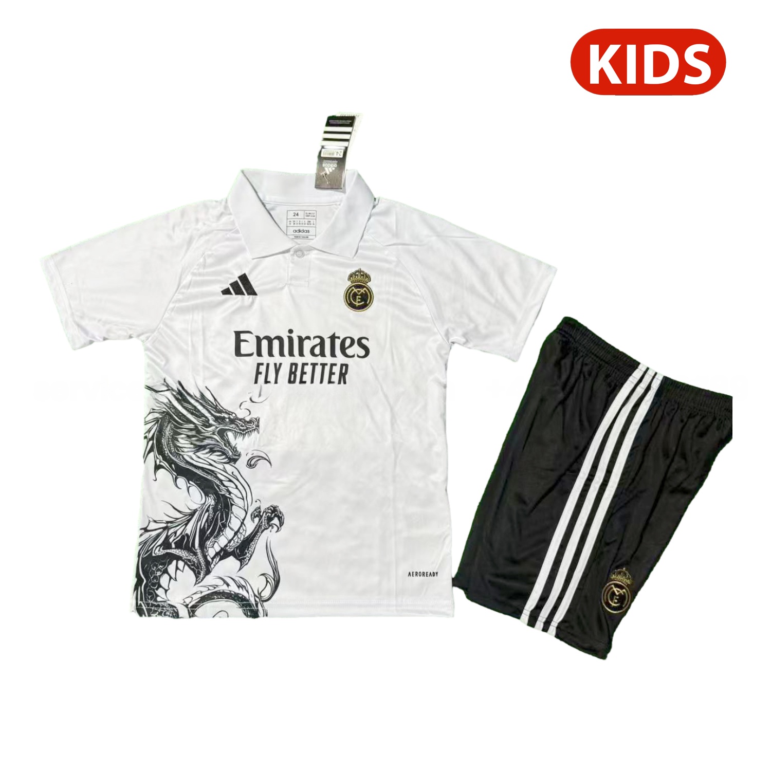 Real Madrid 25-26 Black Dragon White Special Polo Kids Kit - ManixJersey