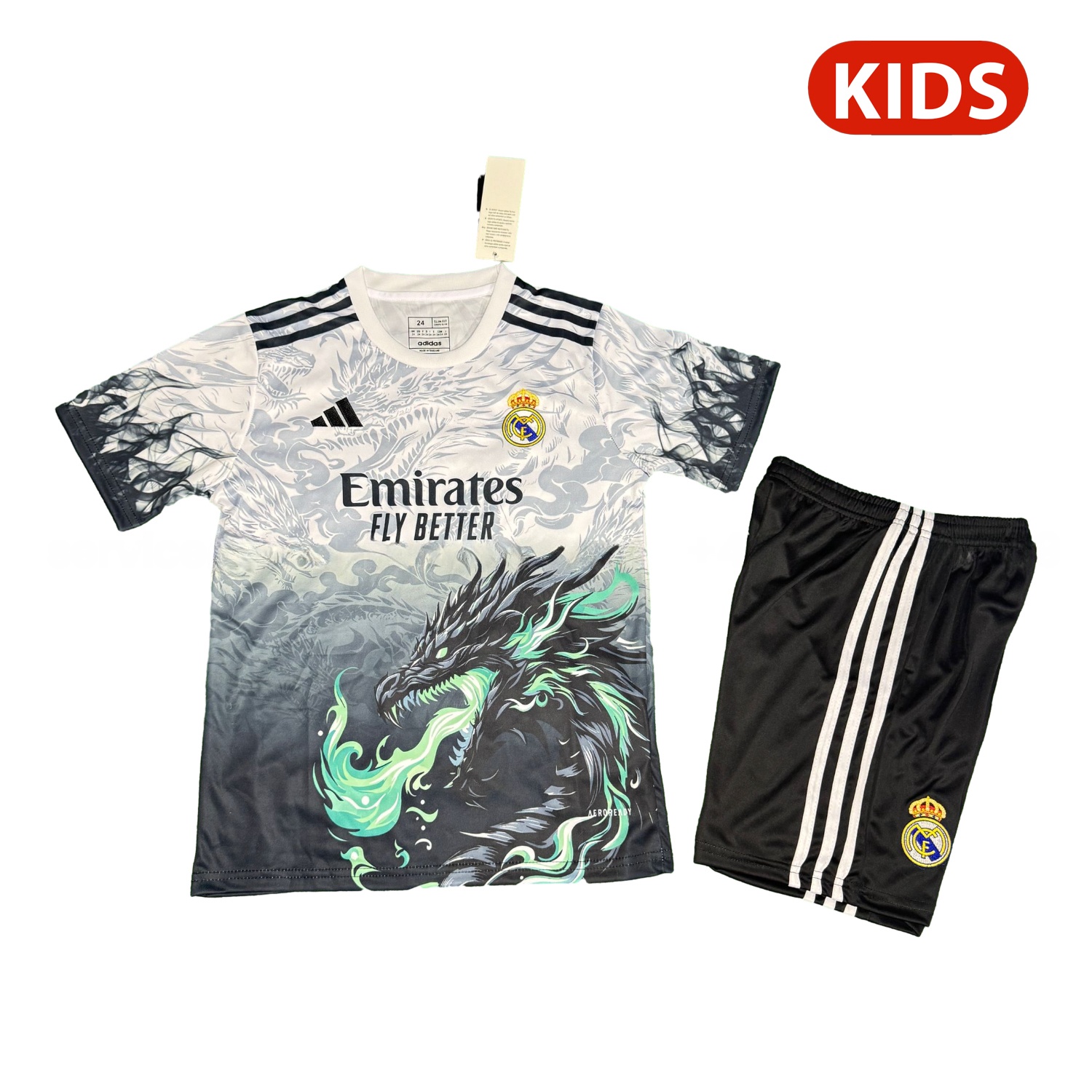 Real Madrid 25-26 Green Fire Black Dragon White Special Kids Kit - ManixJersey