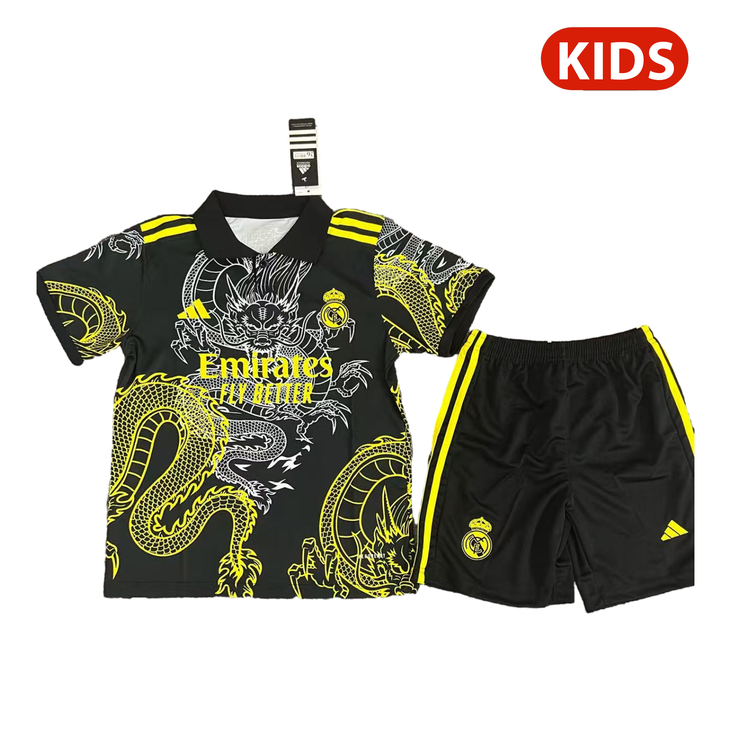Real Madrid 25-26 Yellow And White Dragon Black Special Kids Kit - ManixJersey