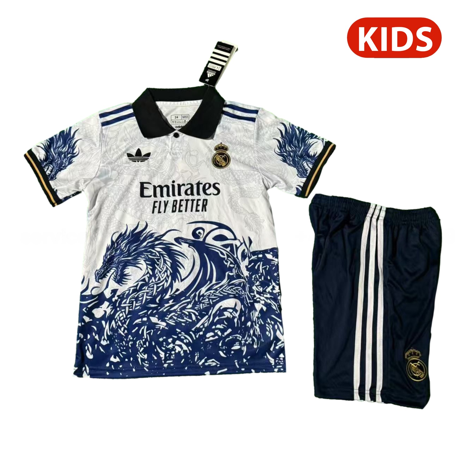 Real Madrid 25-26 Blue Fire Dragon White Special Polo Kids Kit - ManixJersey