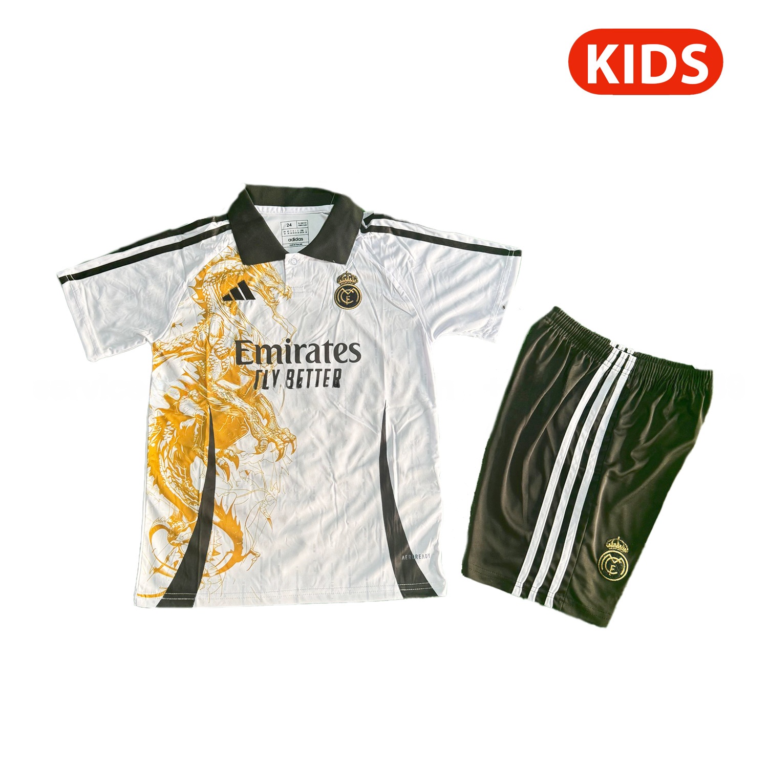 Real Madrid 25-26 Golden Dragon White Special Polo Kids Kit - ManixJersey