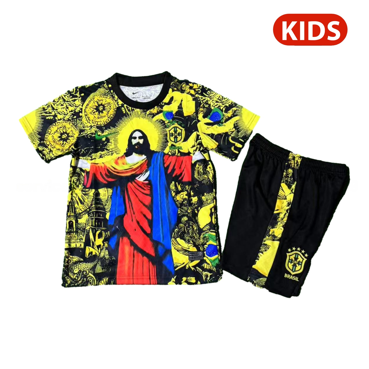 Brazil 25-26 Red Jesus Yellow Special Kids Kit - ManixJersey