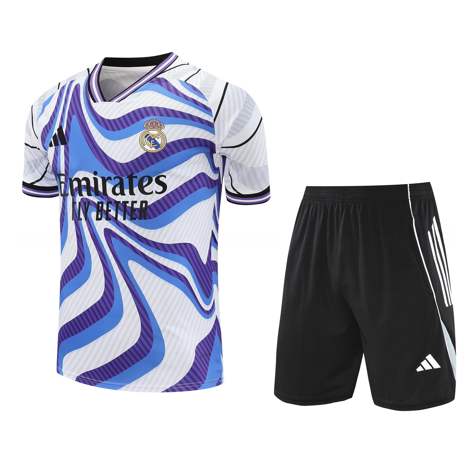 Real Madrid 25-26 Short-Sleeve Training Set - Blue Purple Curve Pattern Top & Black Shorts - ManixJersey