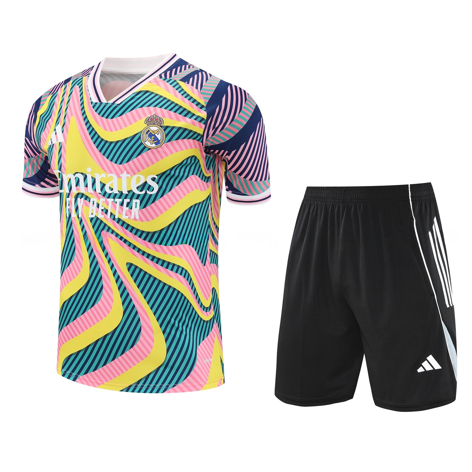 Real Madrid 25-26 Short-Sleeve Training Set - Colorful Curve Pattern Top & Black Shorts - ManixJersey