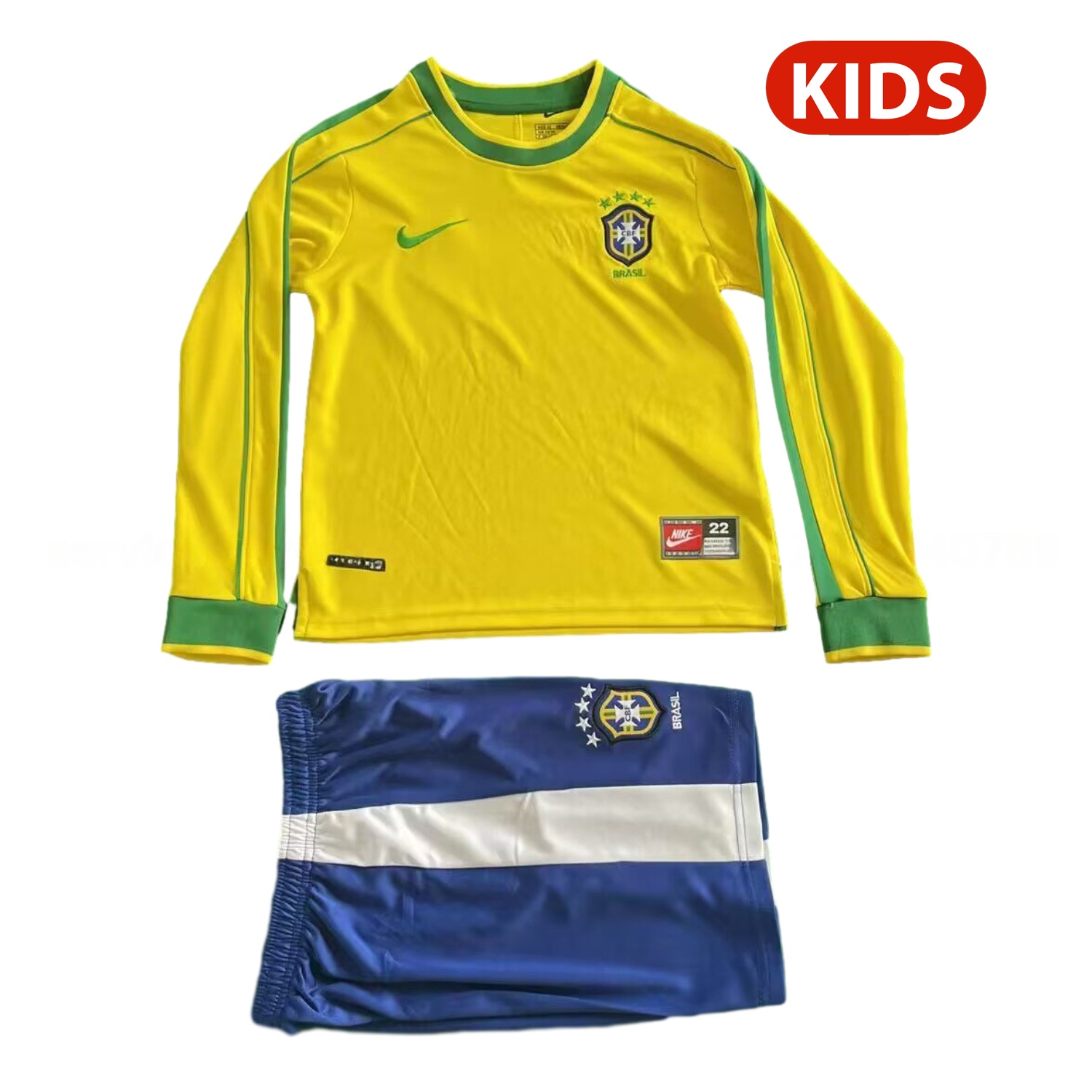 Retro Brazil 1998 Home Long Sleeves Kids Kit - ManixJersey