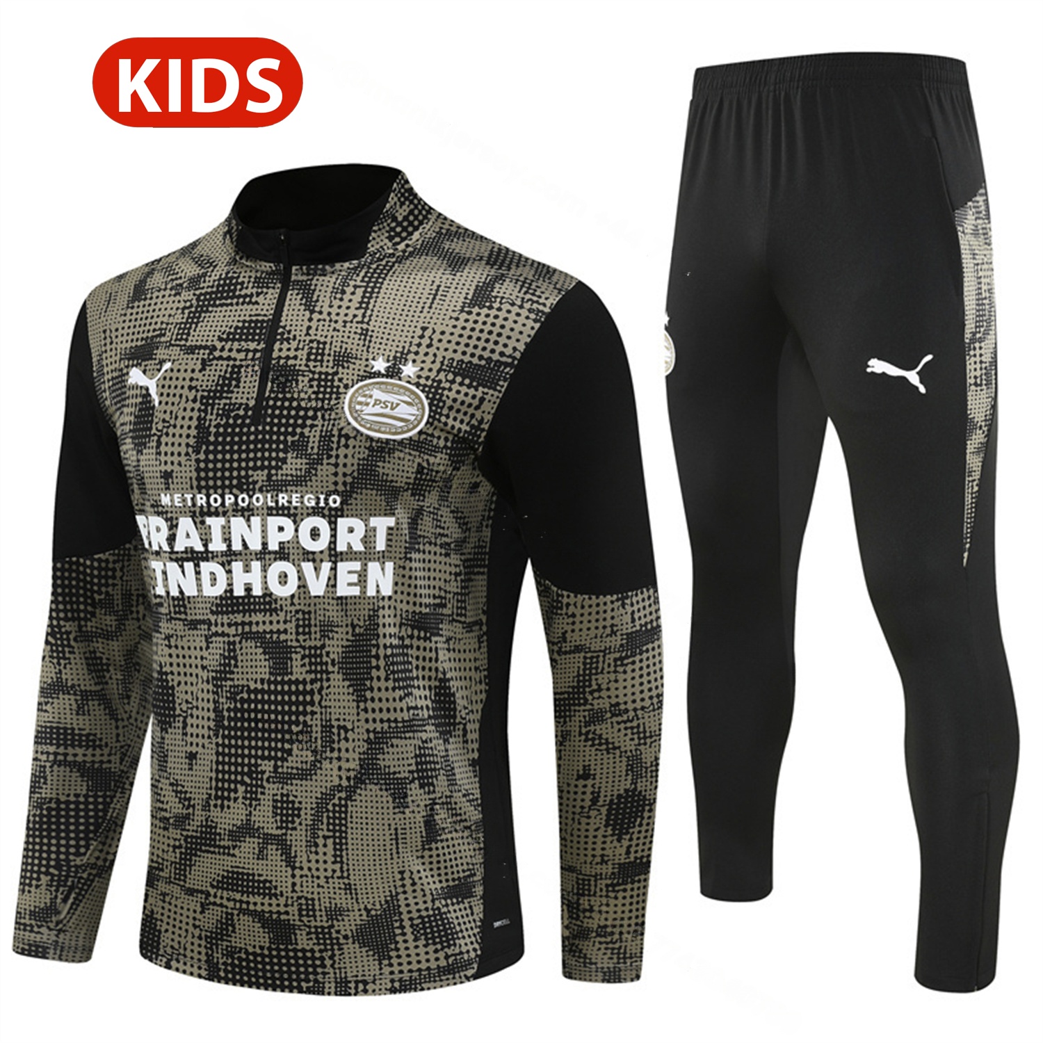 PSV Eindhoven 25-26 Kids Long Sleeve Training Set - Army Green Top & Black Pants - ManixJersey