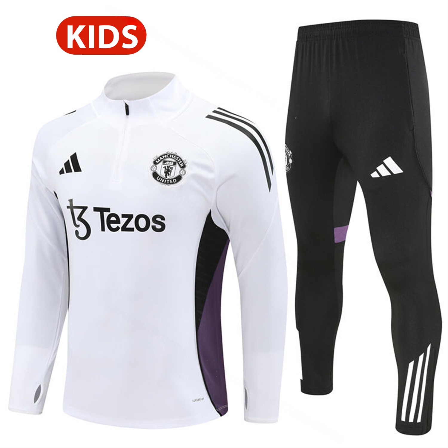 Manchester United 25-26 Kids Long Sleeve Training Set - White Top & Black Pants - ManixJersey