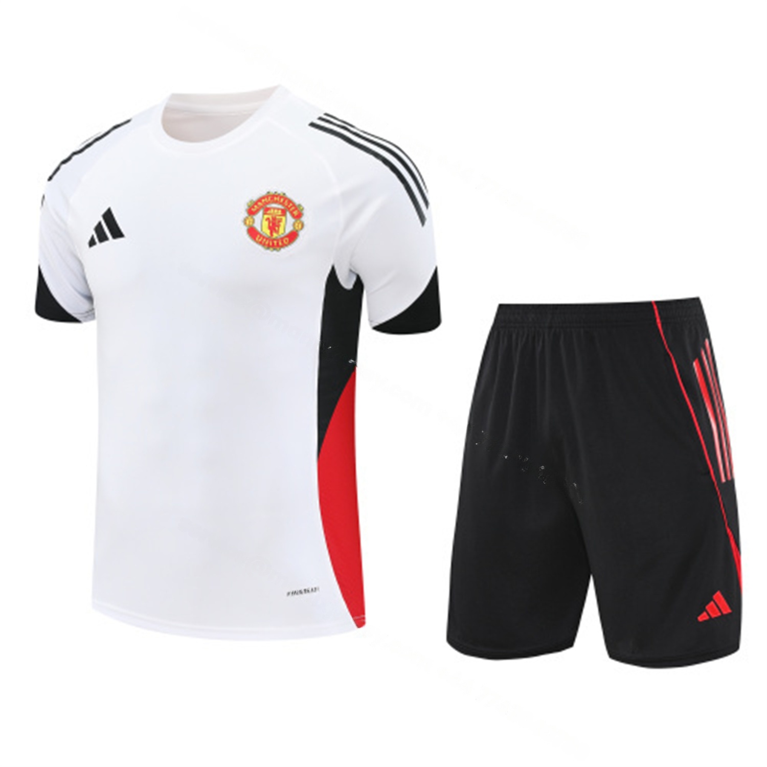 Manchester United 25-26 Short-Sleeve Training Set - Red Black Blocks White Top & Black Shorts - ManixJersey