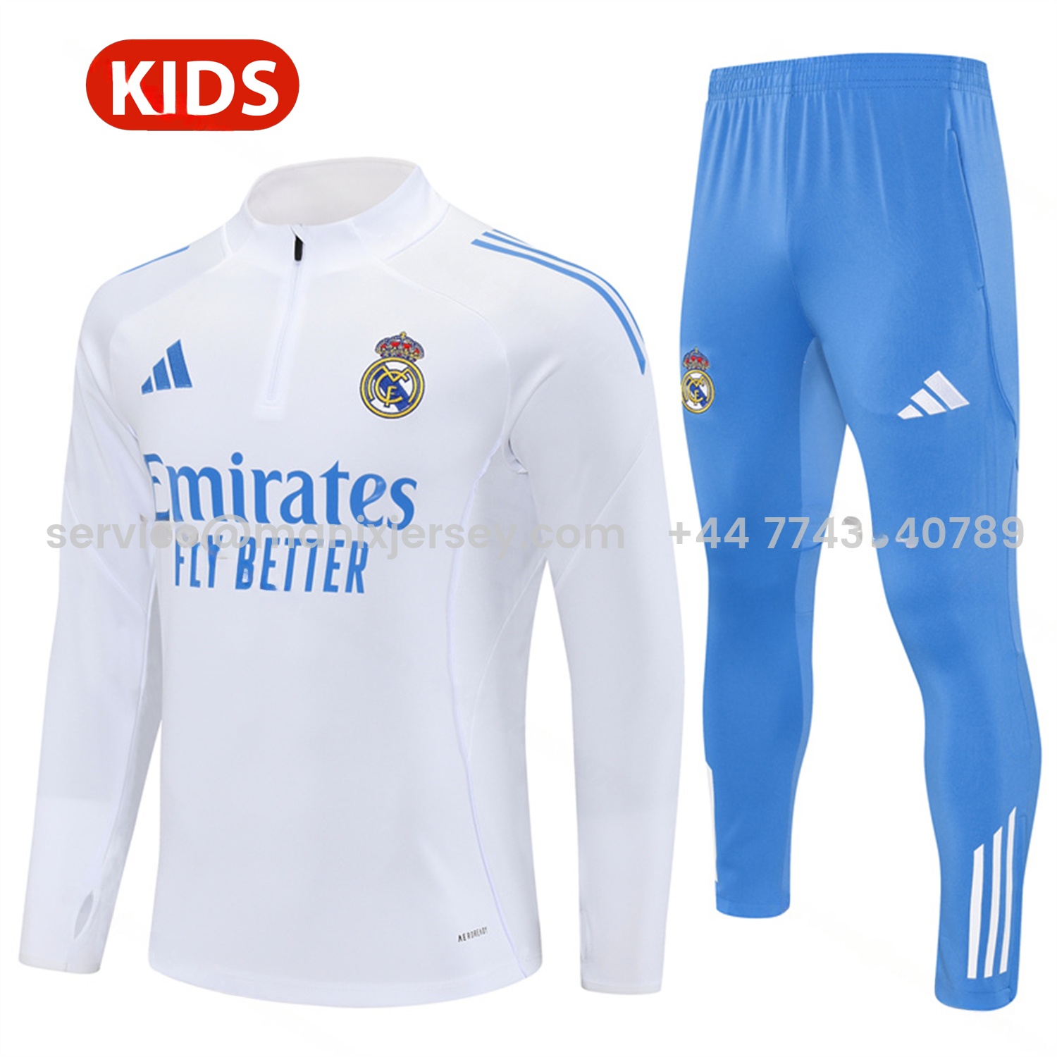 Real Madrid 25-26 Kids Long Sleeve Training Set - White Top & Blue Pants - ManixJersey