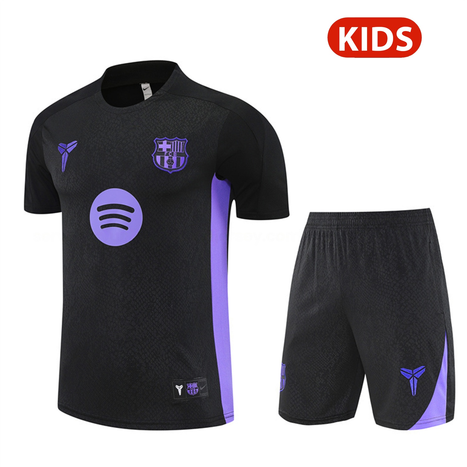 Barcelona 25-26 X KB Kids Short-Sleeve Training Set - Black Blue Top & Black Shorts - ManixJersey
