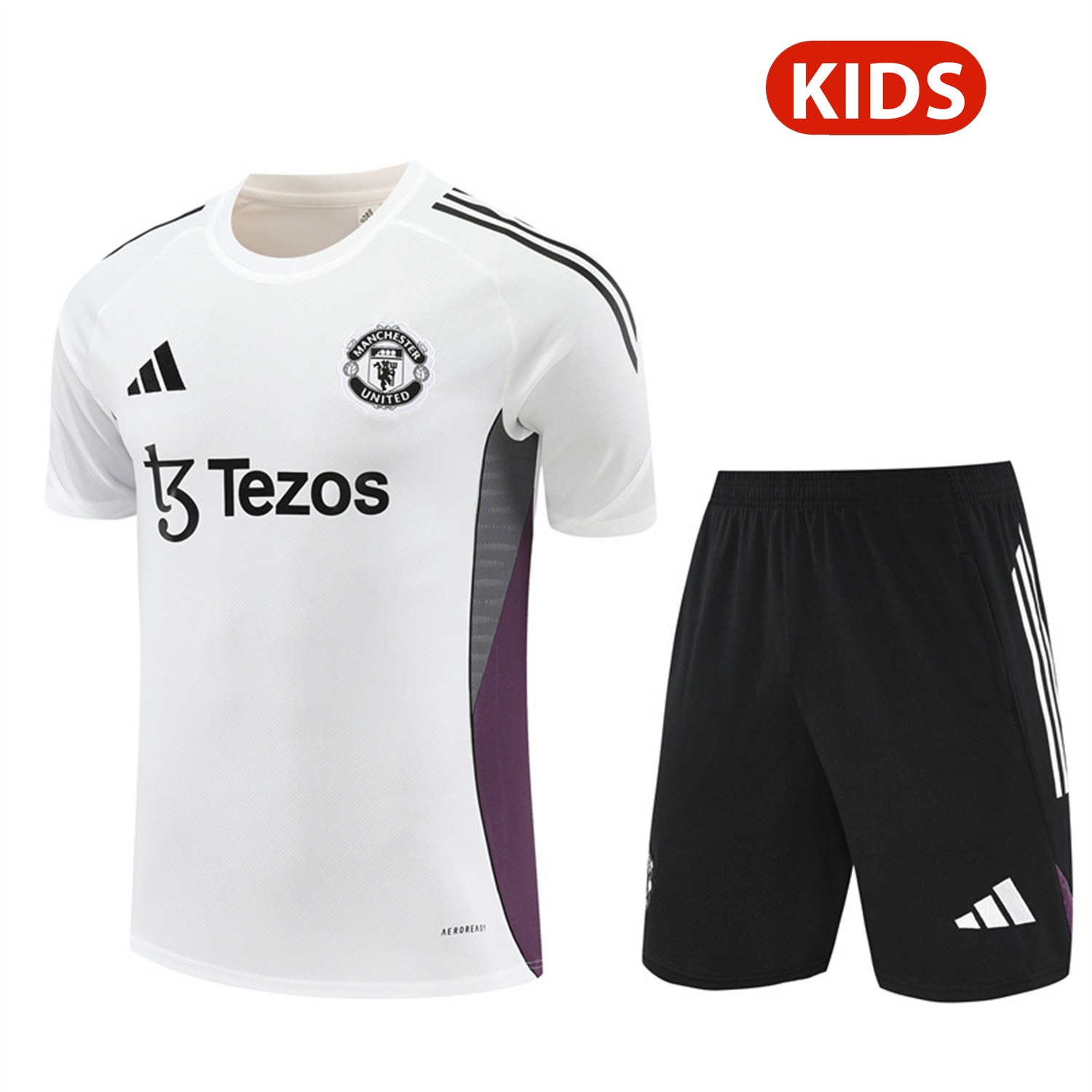 Manchester United 25-26 Kids Short-Sleeve Training Set - White Purple Top & Black Shorts - ManixJersey