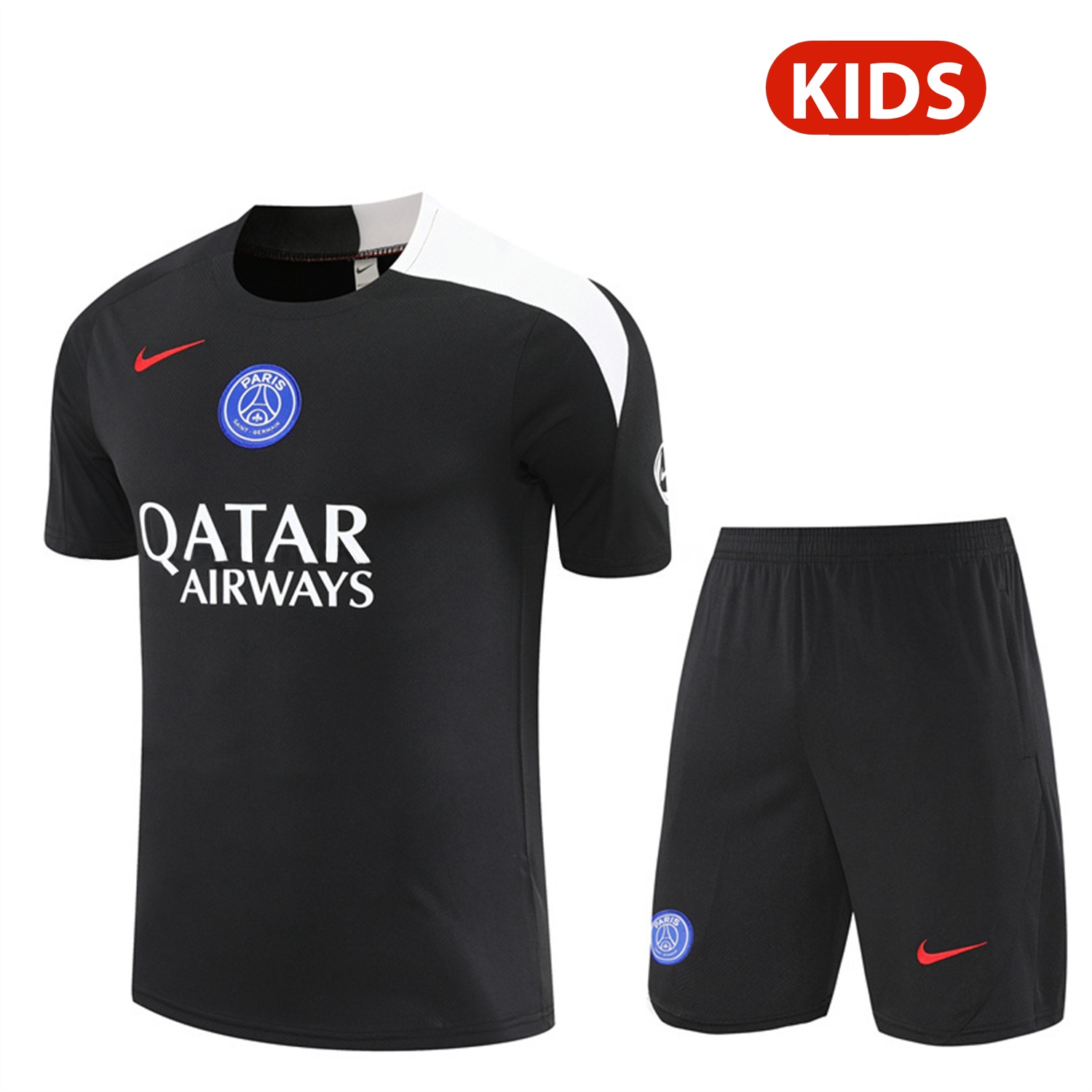 Paris Saint-Germain PSG 25-26 Kids Short-Sleeve Training Set - White Edge Black Top & Black Shorts - ManixJersey