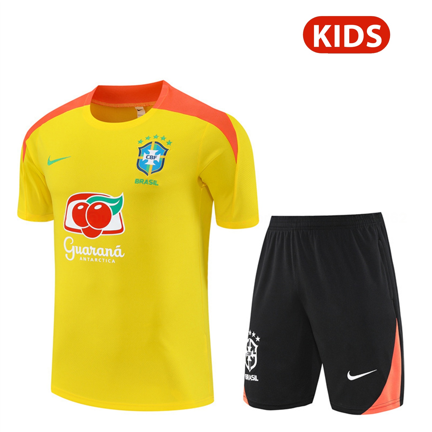 Brazil 25-26 Kids Short-Sleeve Training Set - Yellow Top & Black Shorts - ManixJersey