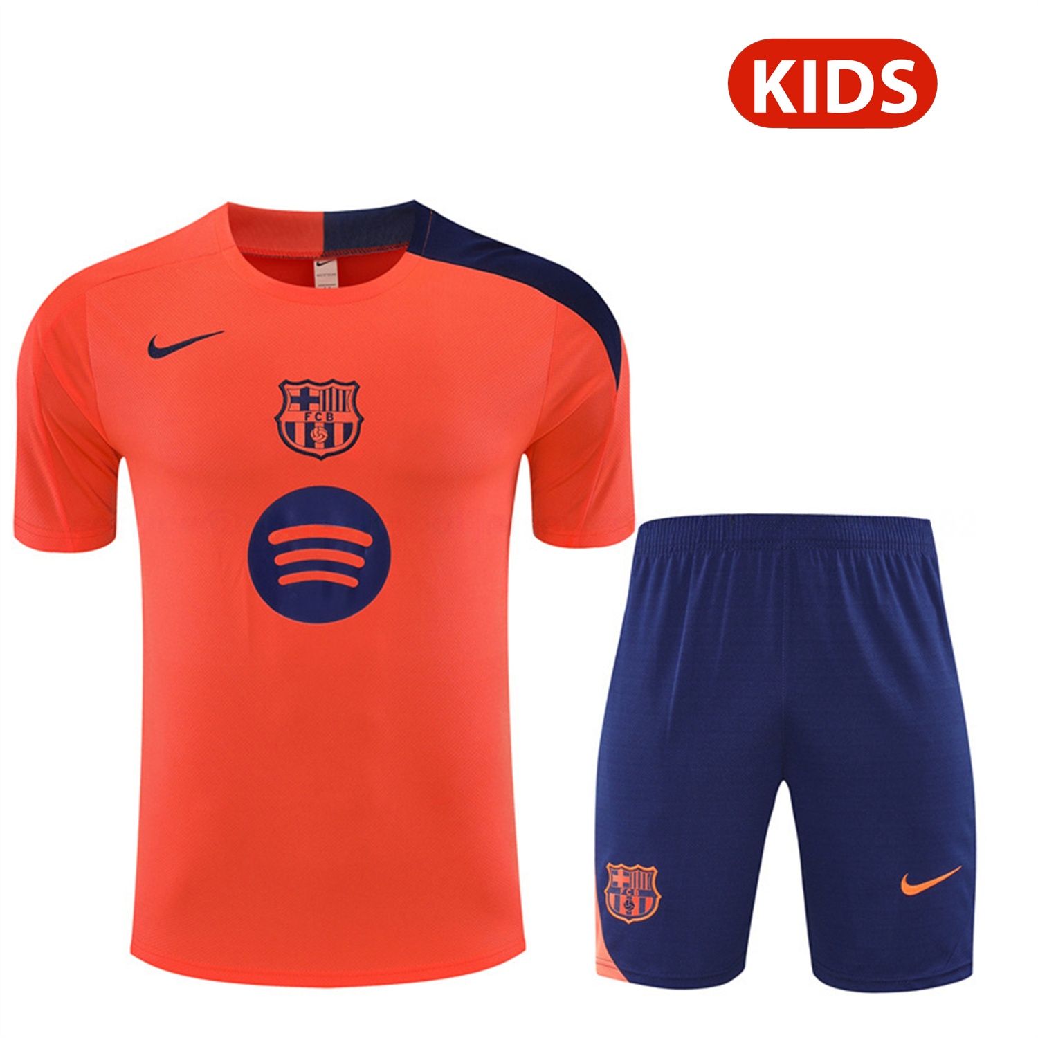 Barcelona 25-26 Kids Short-Sleeve Training Set - Orange Top Royal Blue Sponsor & Royal Blue Shorts - ManixJersey