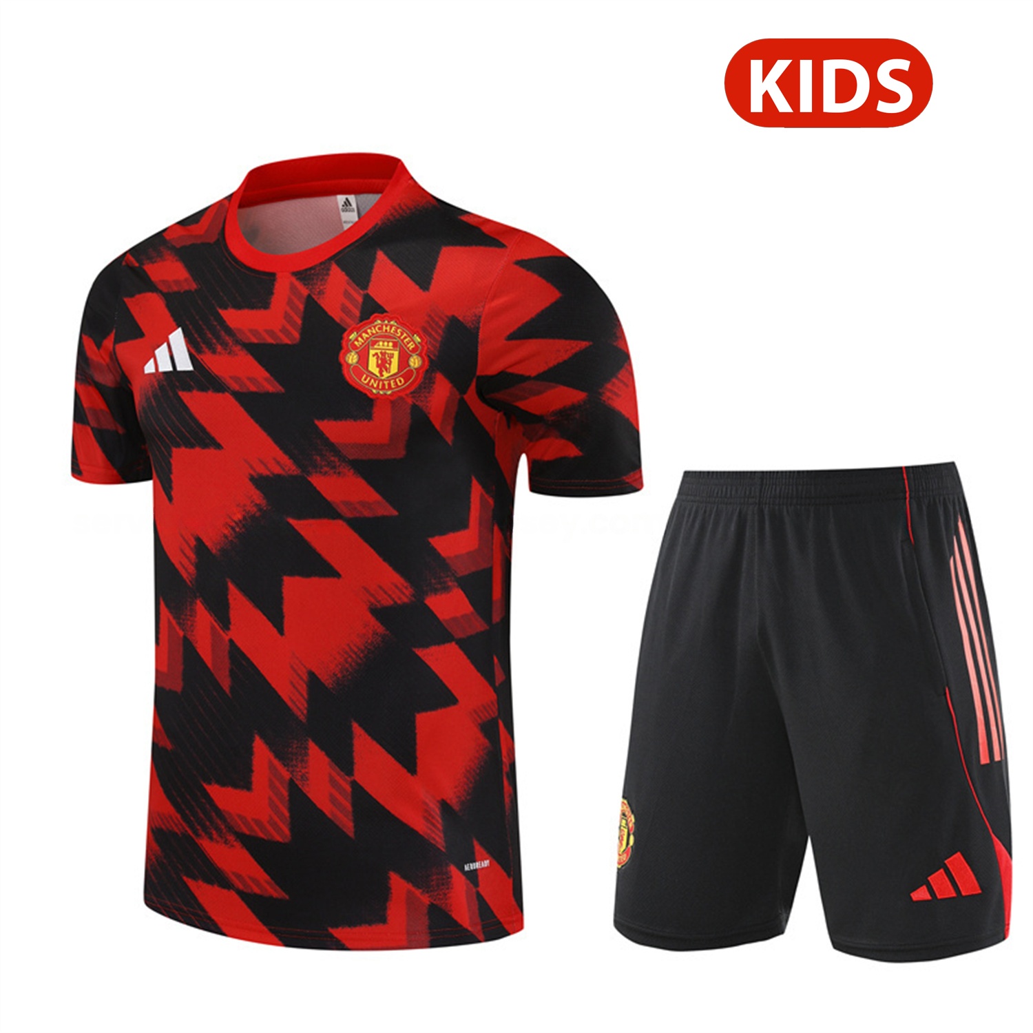 Manchester United 25-26 Kids Short-Sleeve Training Set - Red Camouflage Top & Black Shorts - ManixJersey