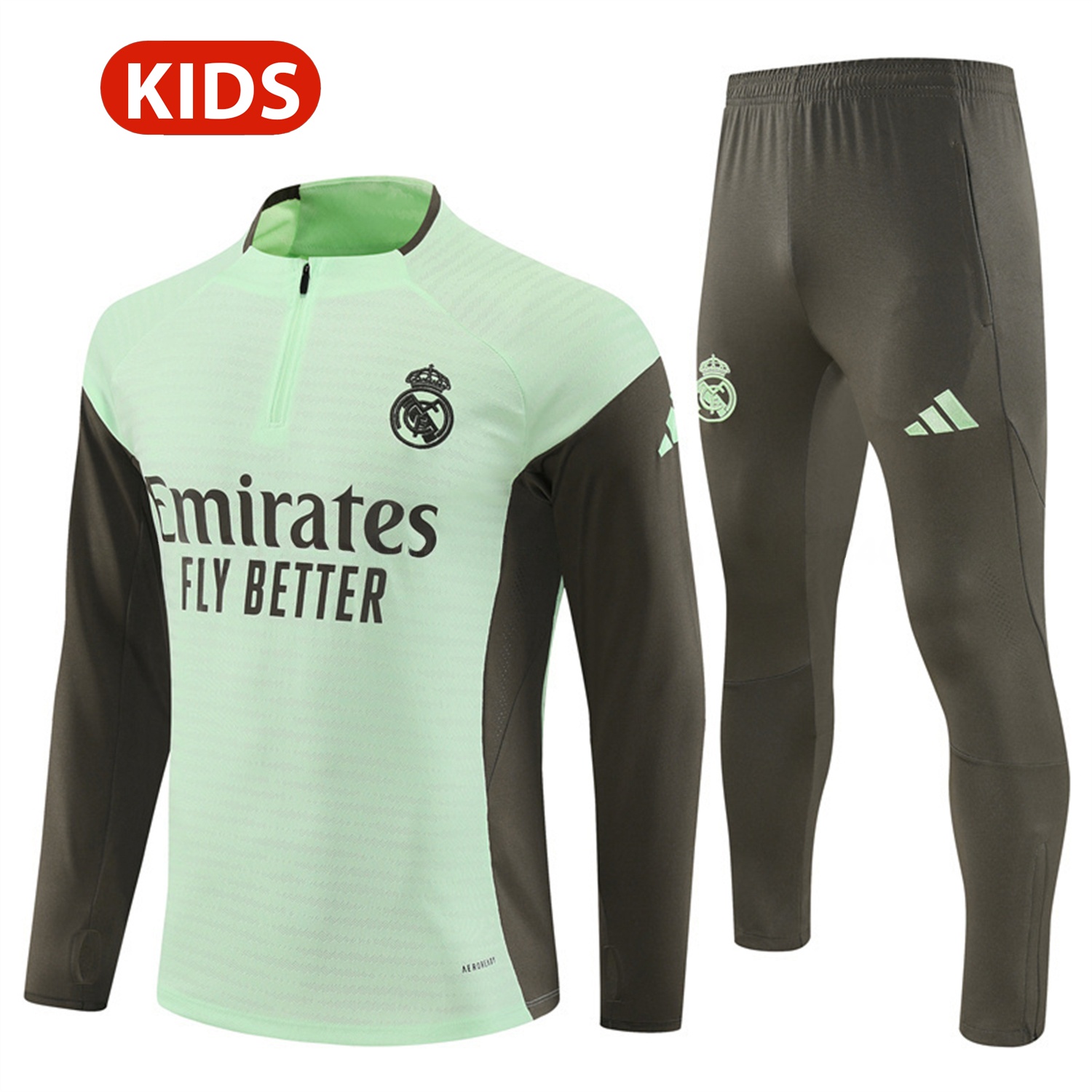 Real Madrid 25-26 Kids Long Sleeve Training Set - Player Version - Light Green Top and Khaki Pants - ManixJersey