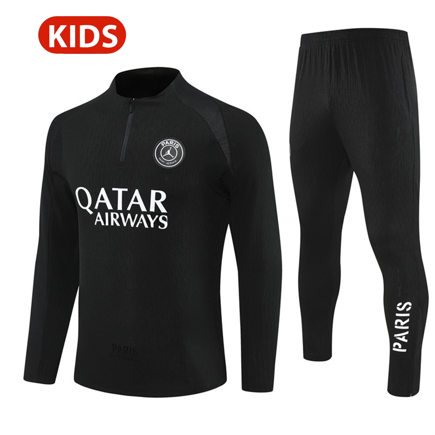 Paris Saint-Germain PSG 25-26 Jordan Kids Long Sleeve Training Set - Pure Black Top & Pants - ManixJersey