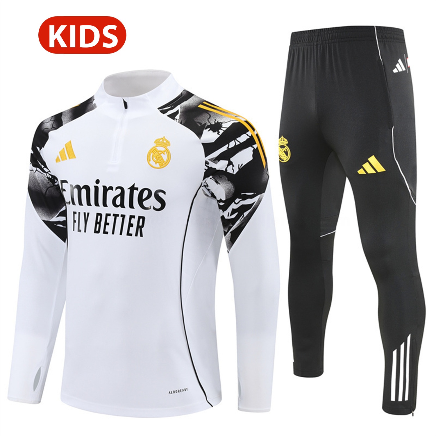 Real Madrid 25-26 Kids Long Sleeve Training Set - White Top & Black Pants - ManixJersey