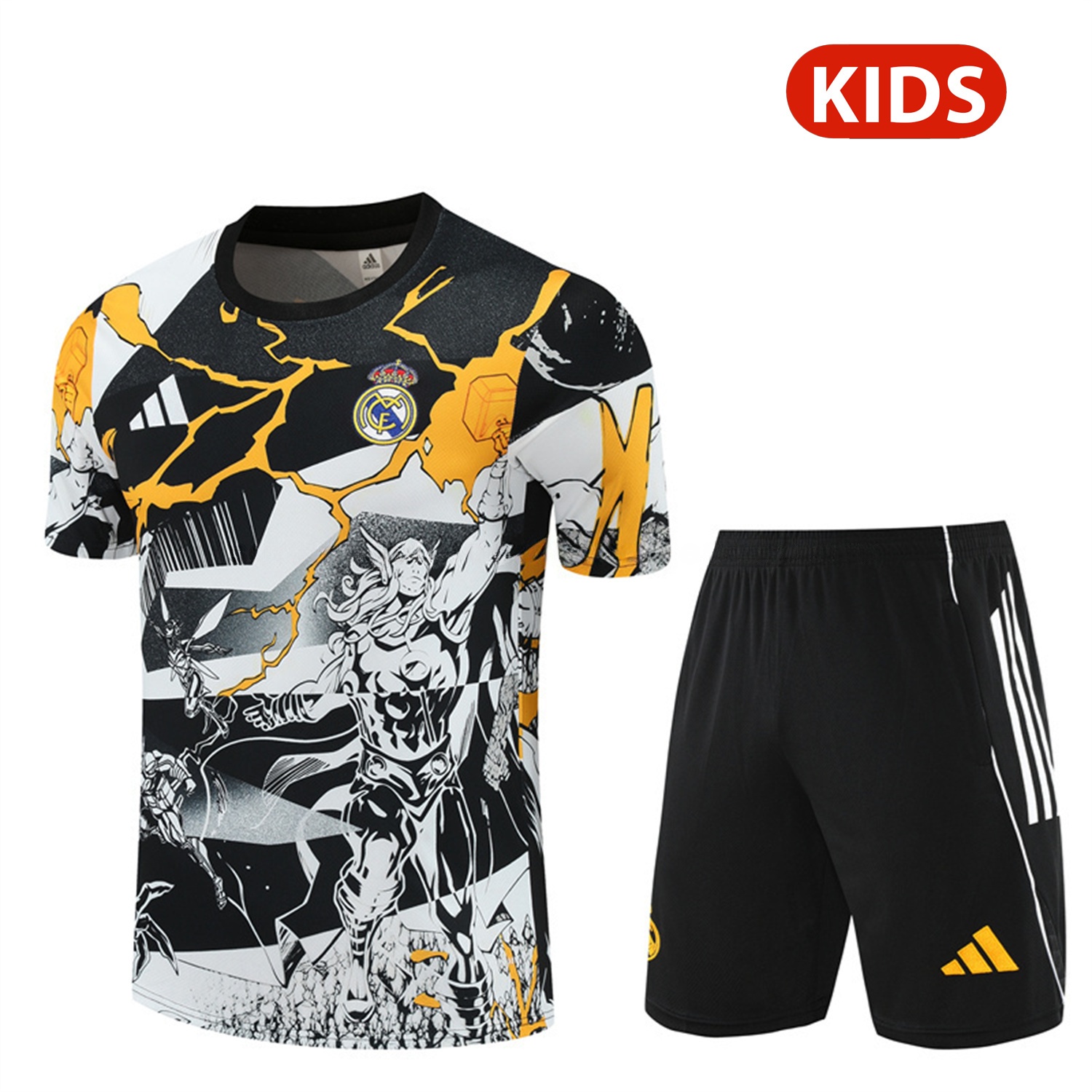 Real Madrid 25-26 Thunder Comics Kids Short-Sleeve Training Set - Comic Pattern Top & Shorts - ManixJersey