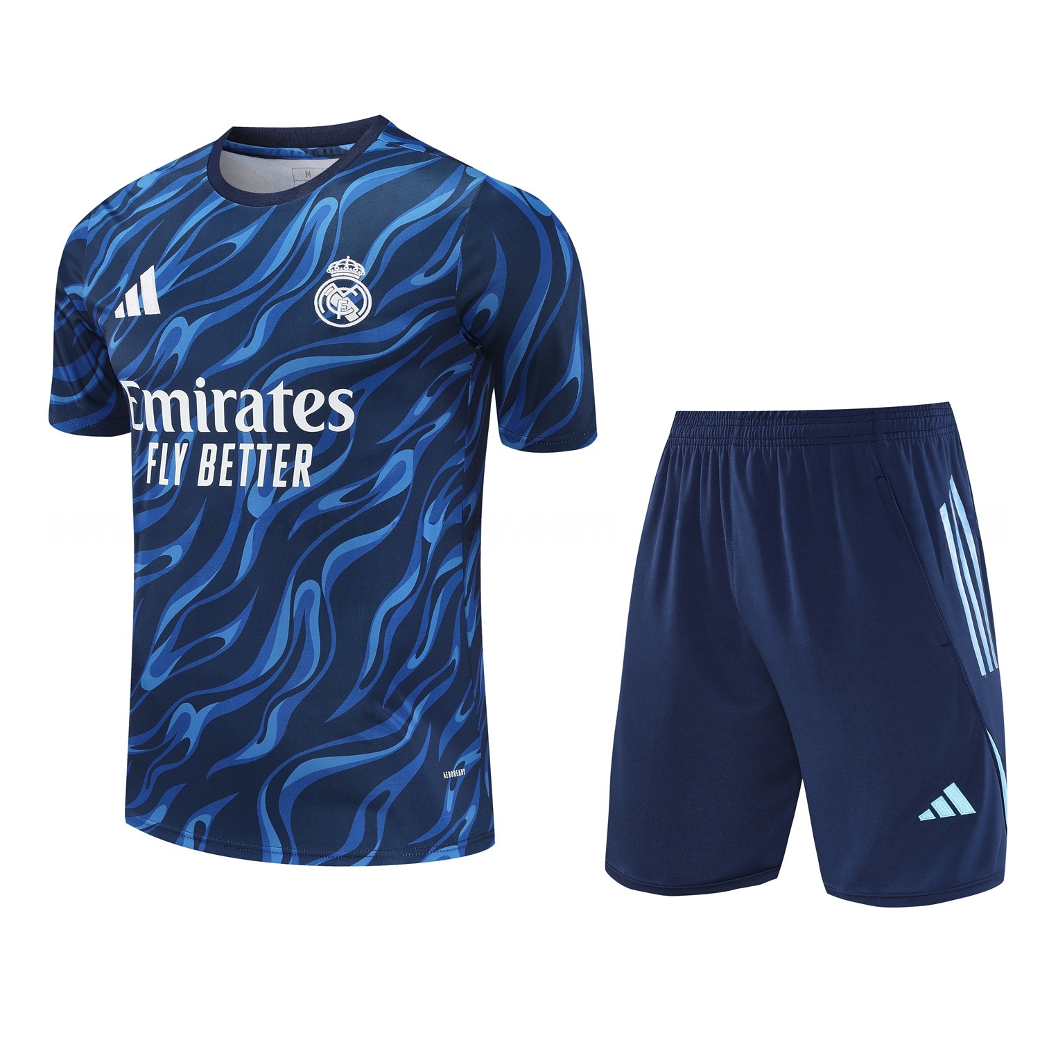 Real Madrid 25-26 Short-Sleeve Training Set - Blue Water Pattern Top & Deep Blue Shorts - ManixJersey