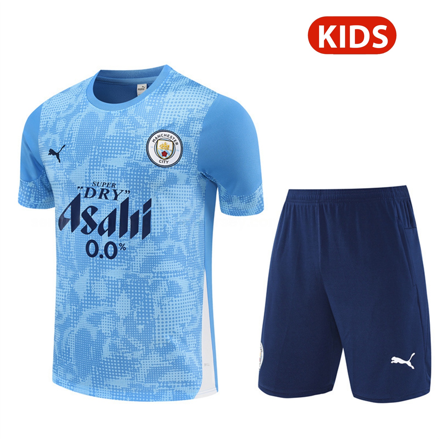 Manchester City 25-26 Kids Short-Sleeve Training Set - Light Blue Camouflage Top & Deep Blue Shorts - ManixJersey