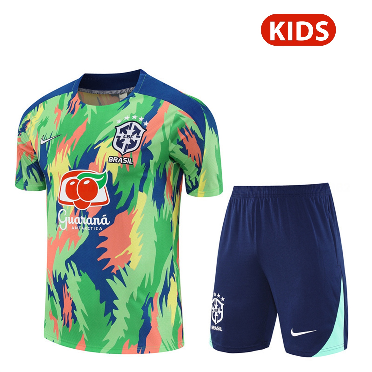 Brazil 25-26 Kids Short-Sleeve Training Set - Blue Green Camouflage Top & Blue Shorts - ManixJersey